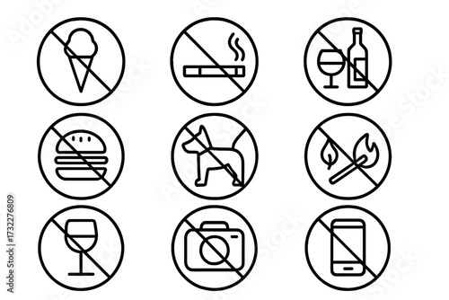 Forbidden signs thin line icon set. No food, drink, alcohol, smoking, fire, pets, camera, and phone. Prohibition outline symbols for web design, apps, and print. Vector.