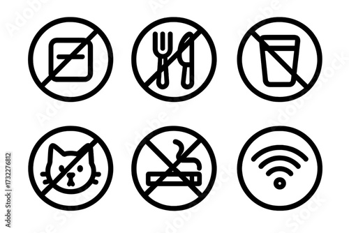 Forbidden icons set. Vector line art of public place rules. No smoking, no food, no drinks, no pets, no entry signs. Warning and prohibition symbols with wifi zone icon.