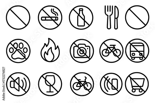 Forbidden thin line icon set. Prohibition signs. Warning, restriction symbols. No smoking, food, drink, pets, fire, photo, alcohol, phone. Vector for web, app, ui, ux design.
