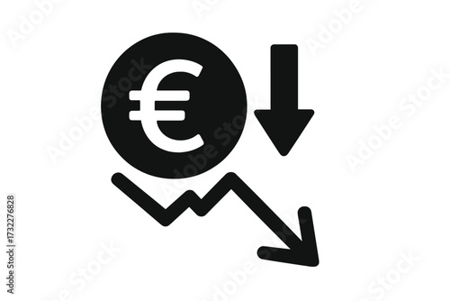 Euro cost reduction vector icon. Financial crisis, recession, inflation, and bankruptcy concept. Price and value decrease. Down arrow graph chart. Devaluation and loss symbol.