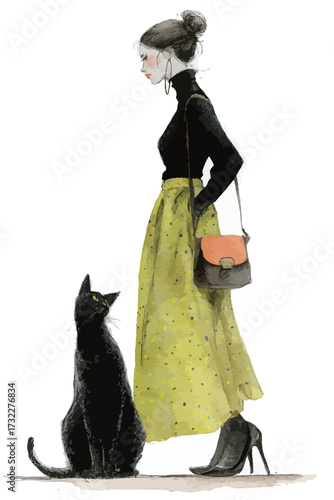 A stylish woman wears a black top and a yellow skirt while holding a bag. She stands beside a black cat, creating a charming scene filled with elegance and grace.