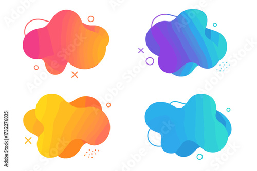 Set of abstract liquid shapes. Modern fluid gradient amoeba blobs. Colorful dynamic flowing forms. Vector graphic elements for banner, poster, presentation or web design.
