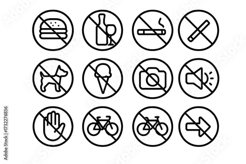 Forbidden thin line icon set. Collection of prohibition and warning signs. No food, alcohol, smoking, pets, photography, noise. Vector outline symbols for public places.