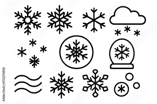 Snowflake icon set simple line art. Winter weather symbol collection. Vector illustration for Christmas holiday design. Cold frost, snowstorm, snow globe and blizzard icons.