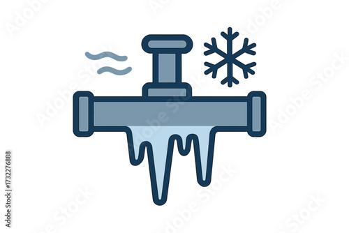 Frozen pipe icon. Winter plumbing problem, cold weather damage concept. Ice and icicles on pipeline, burst water pipe risk. Heating system failure, freezing temperature cartoon.