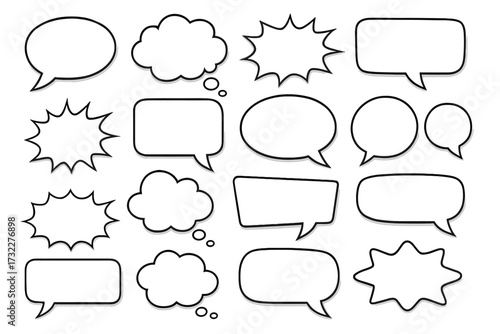 Big set of vector speech bubbles. Retro empty comic bubbles and thought clouds collection. Dialogue balloon and pop art chat message stickers for communication. Blank talk boxes.