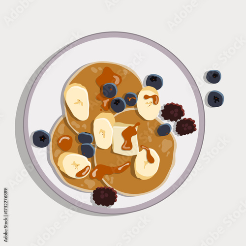 Pancakes with Banana, Blueberries, and Syrup – Breakfast Food Illustration, brunch, healthy eating, dessert, vegan food, and culinary design.