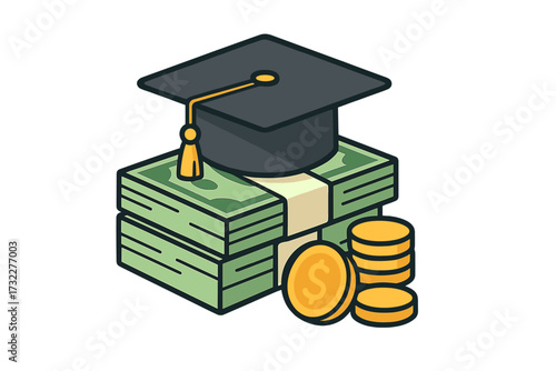 Education cost concept. Graduation cap on money pile. Student loan debt and university tuition fee payment. College savings and financial investment in higher knowledge and learning.