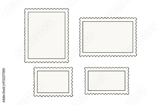 Blank postage stamps set vector. Mail stamp frame icon. Postcard sticker symbol. Postage design element. Retro correspondence border. Letter paper vintage post mark collection.