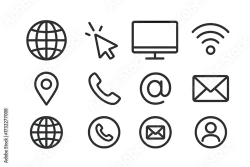Contact us icons set. Web communication symbol collection. Line art for business card. Phone, mail, address, website, message, click, profile, internet. Vector graphic design.