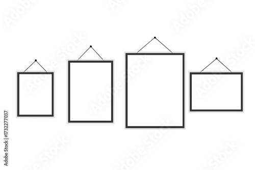 Blank hanging photo frames mockup set. Empty poster templates isolated on transparent background. Wall art gallery display. Interior decoration portfolio presentation vector.
