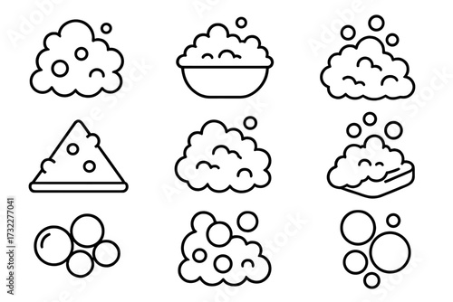 Foam line icon pack. Soap bubbles and suds vector outline signs. For graphic and web design, apps. Washing, cleaning, and hygiene concepts. Bath, shampoo, and detergent lather.