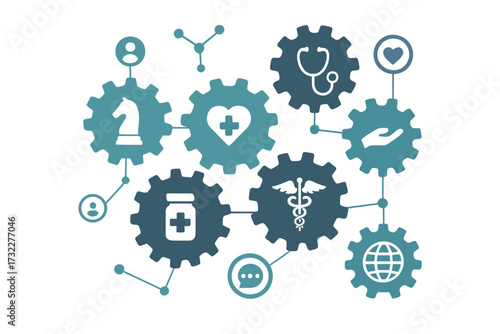 Healthcare mechanism concept with connected gears and icons. Medical strategy, health management, and global network. Medicine, care, and technology integration process vector.