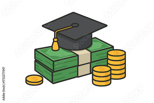 Graduation cap on money stack. Concept of education costs, tuition fees, student loan debt. Investment in academic knowledge. College savings, scholarship fund, study cash. Vector.