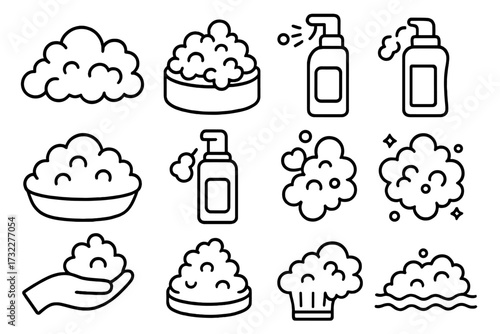 Foam and soap thin line icon set. Lather, suds, and bubble outline signs collection. Hygiene and cleaning product symbols. Vector illustration for web, cosmetics, adverts.