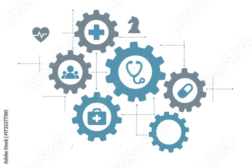 Healthcare system concept. Medical mechanism with connected gears and health icons. Vector for strategy, care, medicine, network, and global health integration and workflow.