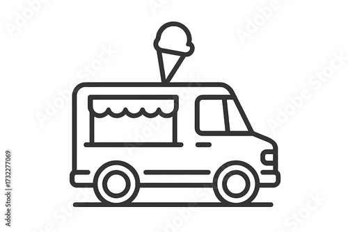 Ice cream truck line icon. Food truck vector illustration. Street food dessert van symbol. Mobile sweet shop graphic for logo, web, menu. Summer snack delivery car outline.