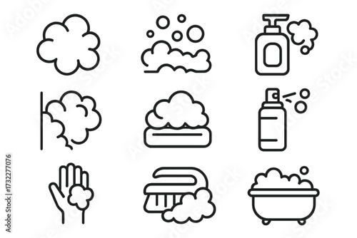 Foam and soap line icon set for hygiene and cleaning. Suds, lather, and bubble outline signs for web design, apps, and adverts. Vector symbols for bath, wash, and shampoo.