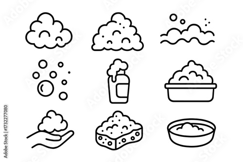 Foam line icon pack. Soap bubbles and suds vector set. Outline signs for washing and cleaning. Lather, sponge, shampoo, bath, and hygiene concept graphic illustration.