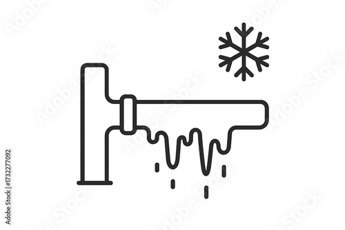 Frozen pipe icon symbol. Winter plumbing problem, cold weather damage concept. Freezing water pipe with icicles and snowflake. Emergency burst pipe line art vector illustration.