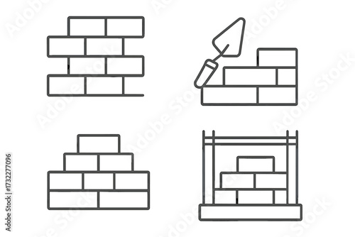 Brick wall construction icon set. Simple linear icons for building and masonry. Vector collection with trowel, scaffolding and brickwork. Editable stroke for web and apps.