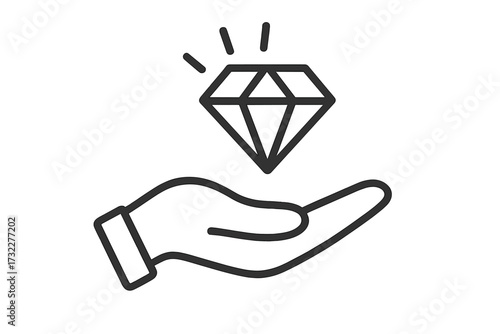 Hand holding diamond line icon. Premium quality, value proposition, and exclusive offer concept. Vector graphic for business core values, mission, luxury service, and finance.