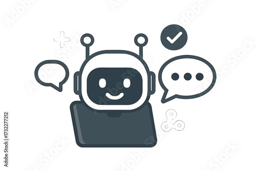 Chatbot icon concept. Virtual assistant for website. AI robot character for customer service and online support. Tech help symbol. Dialogue bubble and communication signs vector set.