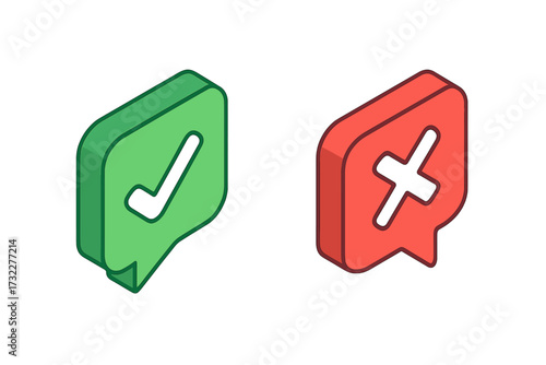 Isometric speech bubble icons for dos and donts. Checkmark and cross for evaluation. Yes and no button for survey or quiz. Accept or reject symbol. Approve and disapprove.