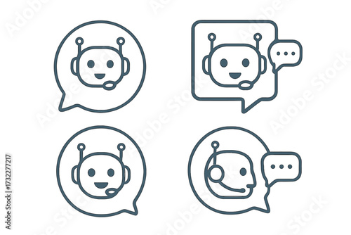 Chat bot icon set for customer service. Virtual assistant robot head with headset in speech bubble. AI support technology concept. Vector line art illustration for website.
