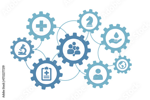 Healthcare mechanism concept with connected gears and icons. Abstract illustration for medical, health, strategy, care, medicine, network, community and global health vector.