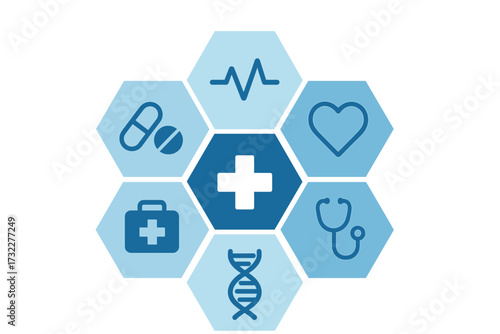 Healthcare medicine concept. Abstract hexagon shapes. Science background with icons for medical health. First aid, care, pharmacy. Cross, DNA, heartbeat, pills, stethoscope.