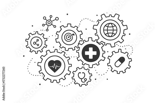 Healthcare mechanism concept. Medical system with gears. Health strategy and global care. Medicine network abstract icons. Teamwork, cooperation line art vector illustration.