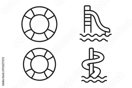 Lifeline and water slide line icon collection. Simple isolated vector set for water park, pool, and summer vacation themes. Lifebuoy for safety and rescue. Editable stroke.