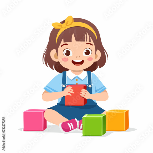 A cheerful little girl with a yellow bow happily plays with vibrant building blocks on the floor, engaging in imaginative construction and early learning activities