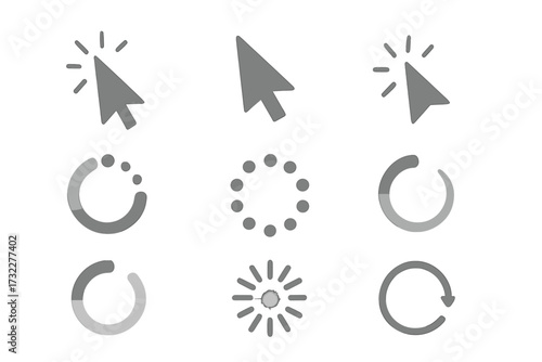 Set of gray computer mouse cursors, pointer, and click icons. Collection of loading, waiting, and buffering progress bar symbols. Vector for web and app user interface design.