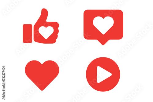 Social media icons set with like, love, heart, and play buttons. Red vector symbols for live stream video, follower engagement, chat, and app notifications. Isolated web elements.