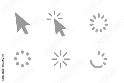 Mouse cursor arrow pointer icon set. Click, loading, waiting, and buffering signs. Gray computer interface elements. Vector symbols for web design, UI, UX, and internet.