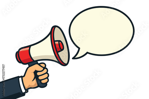 Hand holding a megaphone with speech bubble. Concept for announcement, communication, advertising and promotion. Loudspeaker for marketing. Business banner vector illustration.