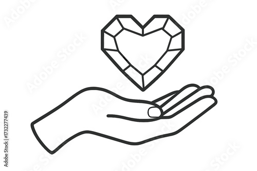 Hand offering a heart diamond vector line icon. Metaphor for donation, charity, care, and love. Precious gift, health, and life concept. Linear graphic illustration.