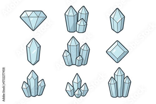 Diamond and crystal vector icon set. Collection of cartoon gem signs for apps, websites, and infographics. Precious mineral and geology jewel graphic design elements. Isolated shiny.