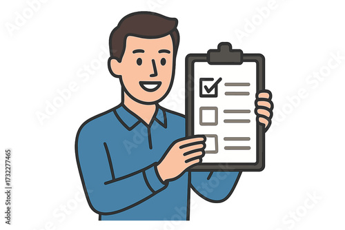 Man holds clipboard with checklist. Task completed, to-do list done. Concept of survey, inspection, planning, productivity, management. Business person character vector illustration.