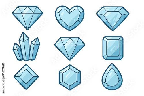 Diamond gem vector icon set. Cartoon collection of crystals and precious stones. Jewel signs in various shapes like heart, teardrop, and brilliant for web, apps, and UI design.
