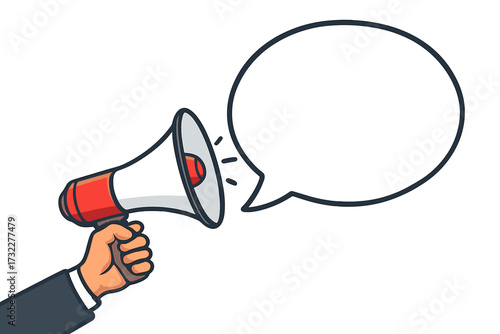 Hand holding megaphone with speech bubble. Loudspeaker for announcement, marketing, advertising. Business concept for promotion, alert message. Communication, shout, protest vector.