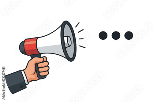 Hand holding megaphone for testimonials, feedback, and customer review. Loudspeaker announcement for business marketing and advertising. Promotion and communication concept vector.