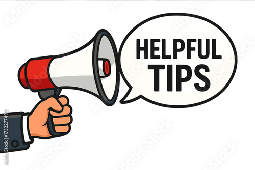 Helpful tips announcement with a megaphone. Hand holding loudspeaker with speech bubble. Business, marketing, advertising, advice, and guidance concept. Vector for web banner.