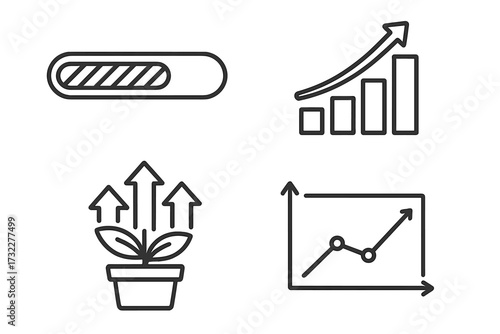 Business growth and data analysis line icon set. Thin line vector icons for success, progress, statistics and development. Includes bar chart, line graph, loading bar, and plant.