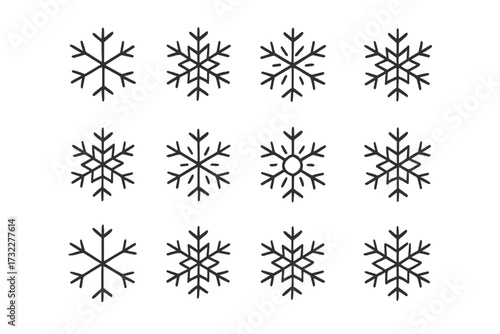 Snowflake icon set. Big collection of line winter symbols. Editable stroke. Vector snowflakes for christmas holiday design. Minimal linear pictogram for web, apps, cards, posts.