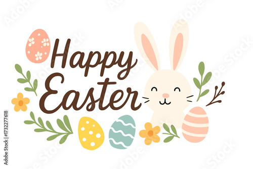 Happy Easter greeting card with cute rabbit. Spring holiday vector illustration with funny bunny, painted eggs, and flowers. Festive celebration banner for an Easter egg hunt.