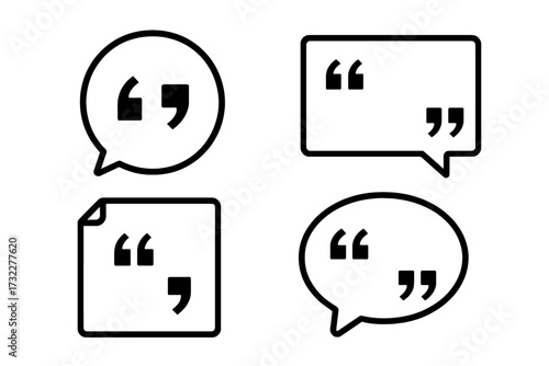 Quote box icon set. Speech bubble collection. Quotation marks vector illustration. Design elements for comments, messages, testimonials, citations, feedback, and dialogue.
