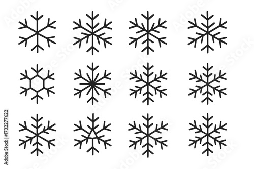 Snowflake line icon set. Winter snow frost symbols. Minimalist geometric pictogram collection. Editable stroke vector illustration for Christmas holiday card and web design decoration.